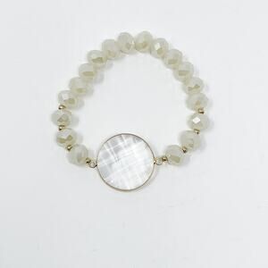 Cream Beaded Stretch Bracelet with Clear Gemstone Charm Fashion Statement